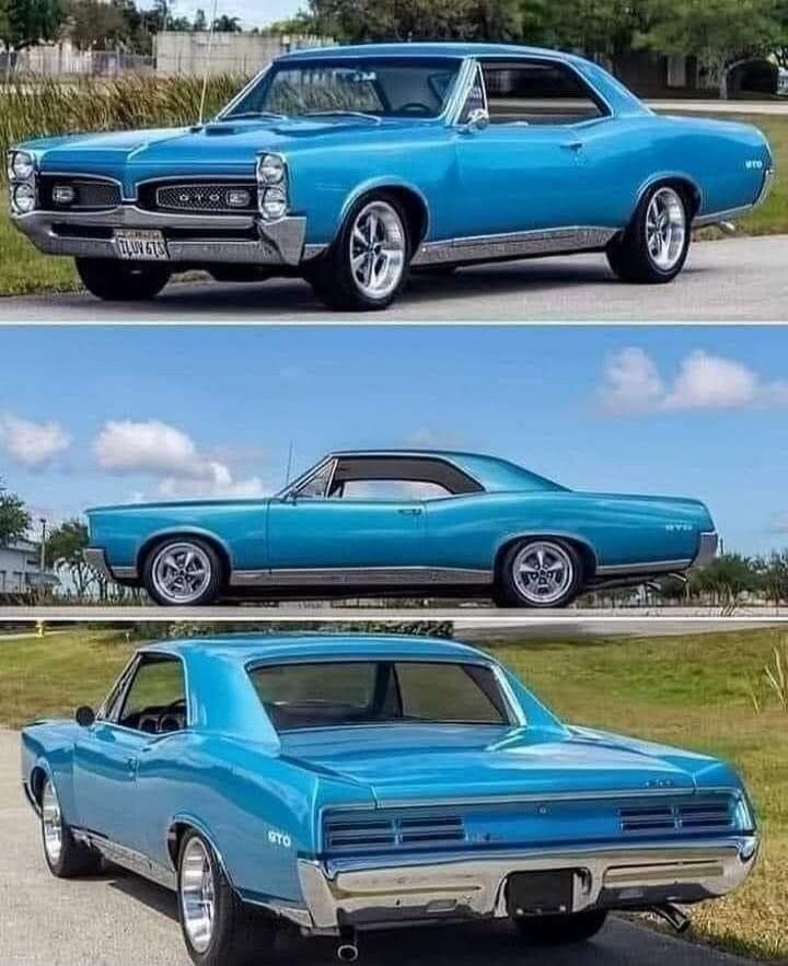 Three blue classic Pontiac GTO cars shown from front, side, and rear.