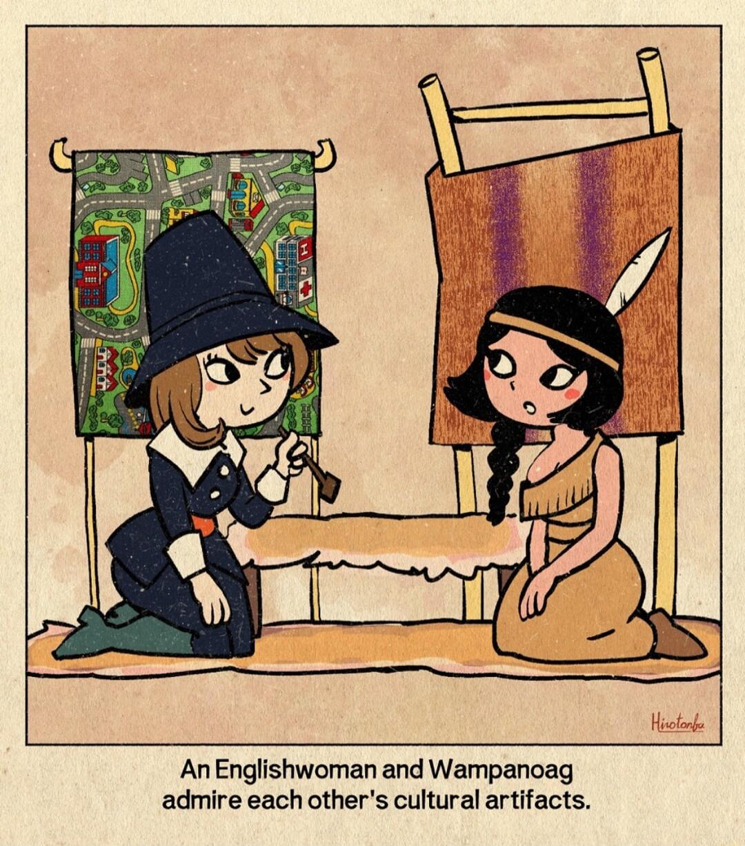 AnEnglishwoman and Wampanoag admire each others cultural artifacts