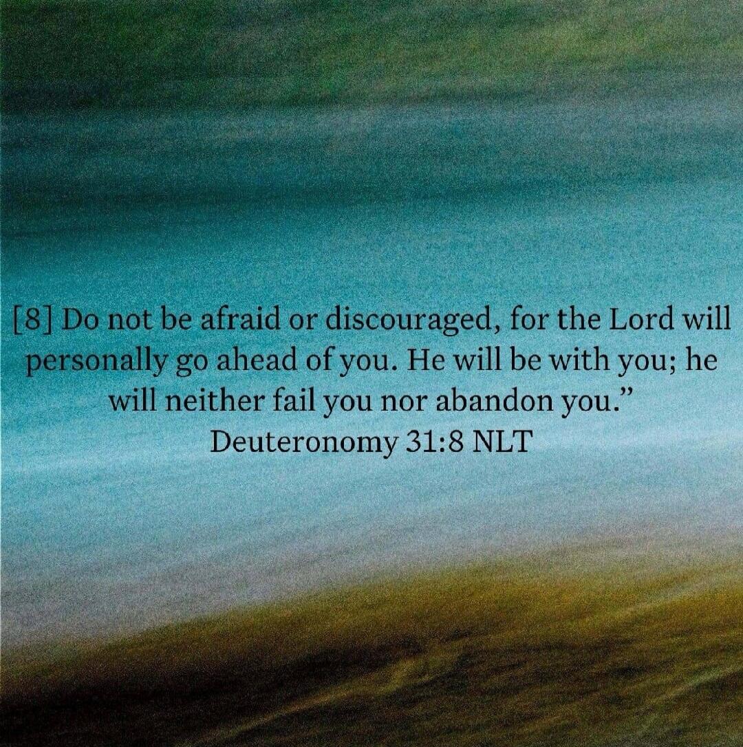 [8] Do not be afraid or discouraged, for the Lord will personally go ahead of you. He will be with you; he will neither fail you nor abandon you.” Deuteronomy 31:8 NLT