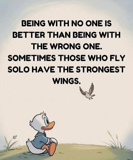 BEING WITH NO ONE IS BETTER THAN BEING WITH THE WRONG ONE. SOMETIMES THOSE WHO FLY SOLO HAVE THE STRONGEST WINGS.