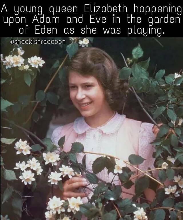A young queen Elizabeth happening upon Adam and Eve in the garden of Eden as she was playing spuckishraccoon R 8 td N hq W