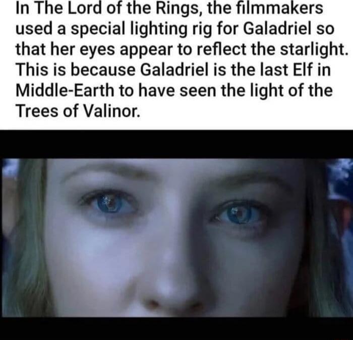 of the Rings the flmmakers used a special lighting rig for Galadriel so that her eyes appear to reflect the starlight This is because Galadriel is the last Elf in Middle Earth to have seen the light of the Trees of Valinor