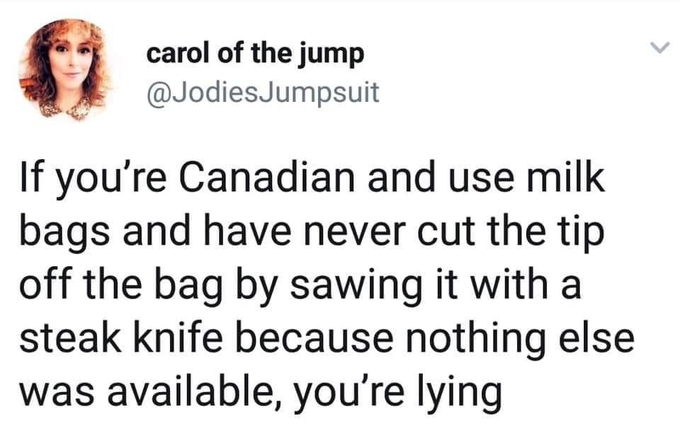 carol of the jump JodiesJumpsuit If youre Canadian and use milk bags and have never cut the tip off the bag by sawing it with a steak knife because nothing else was available youre lying 715PM 05 Jan 19 Twitter for iPhone