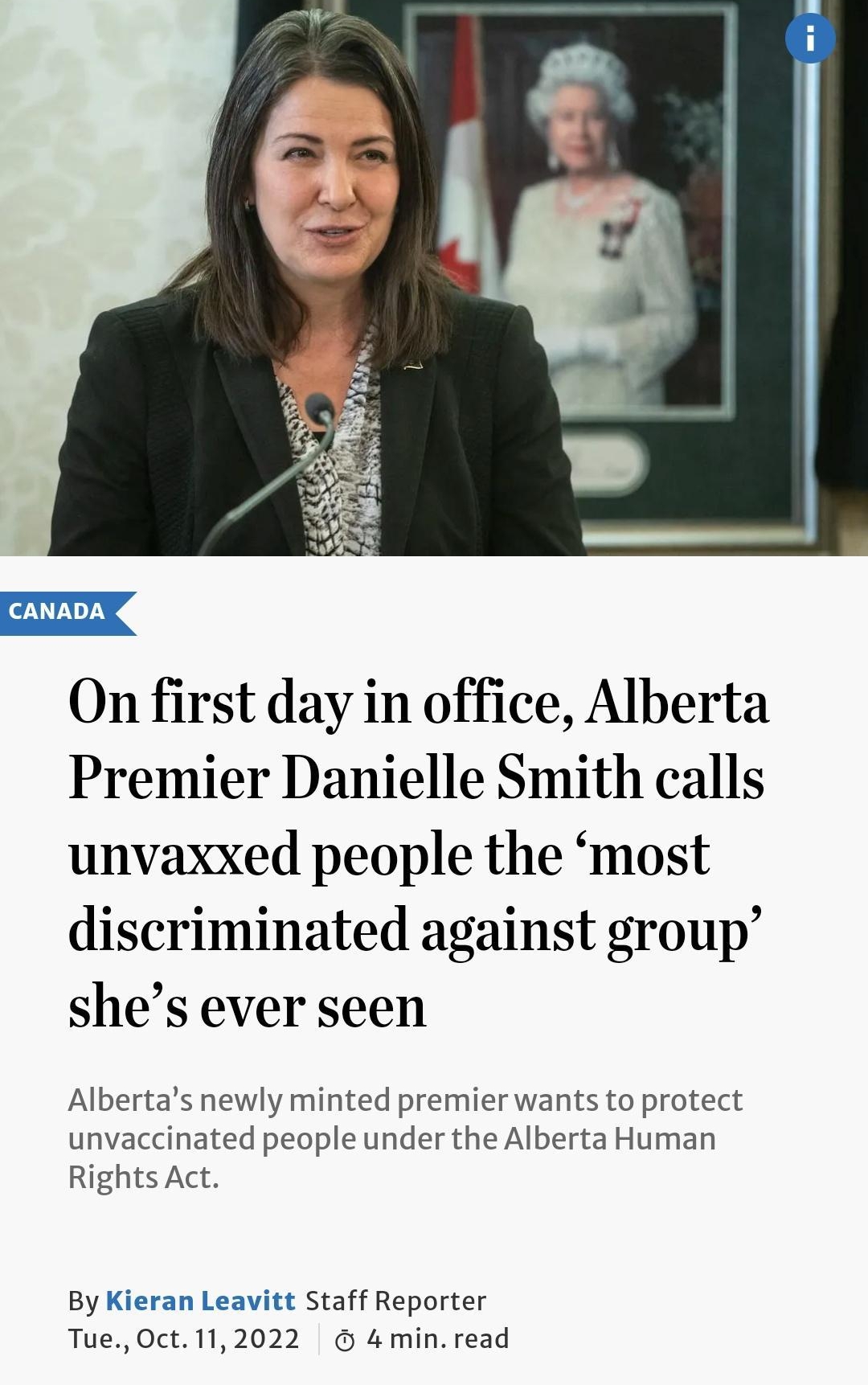 On first day in office Alberta Premier Danielle Smith calls unvaxxed people the most discriminated against group shes ever seen Albertas newly minted premier wants to protect unvaccinated people under the Alberta Human Rights Act avitt Staff Reporter ct112022 4 min read