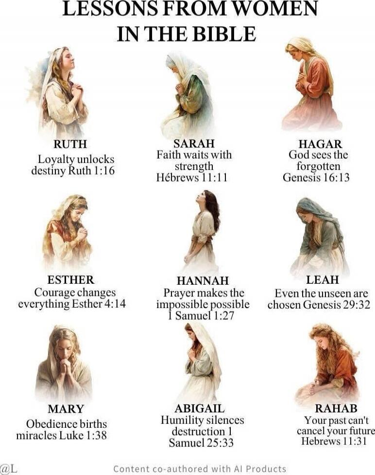 LESSONS FROM WOMEN IN THE BIBLE
RUTH - Loyalty unlocks destiny Ruth 1:16
SARAH - Faith waits with strength Hebrews 11:11
HAGAR - God sees the forgotten Genesis 16:13
ESTHER - Courage changes everything Esther 4:14
HANNAH - Prayer makes the impossible possible I Samuel 1:27
LEAH - Even the unseen are chosen Genesis 29:32
MARY - Obedience births mira