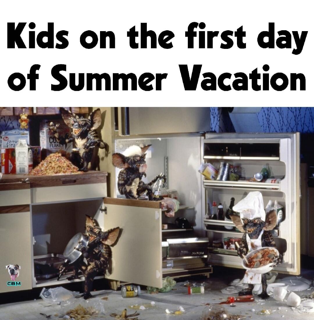Kids on the first day of Summer Vacation. A kitchen is completely trashed by several Gremlins. Cereal is spilled everywhere, cabinets are open, and food items are scattered on the floor. One Gremlin wears a chef's hat, holding a plate of messy food.