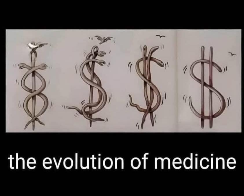 The evolution of medicine. The image shows the Rod of Asclepius, a traditional symbol of medicine, gradually transforming into a dollar sign, implying the commercialization of healthcare.
