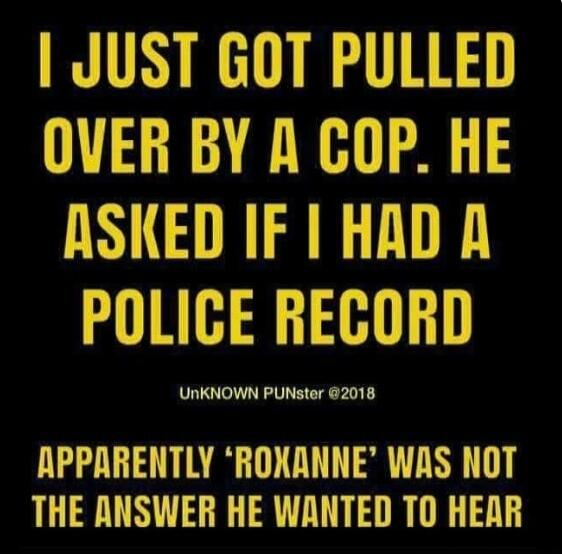I JUST GOT PULLED OVER BY A COP. HE ASKED IF I HAD A POLICE RECORD. UNKNOWN PUNster @2018. APPARENTLY 'ROXANNE' WAS NOT THE ANSWER HE WANTED TO HEAR.