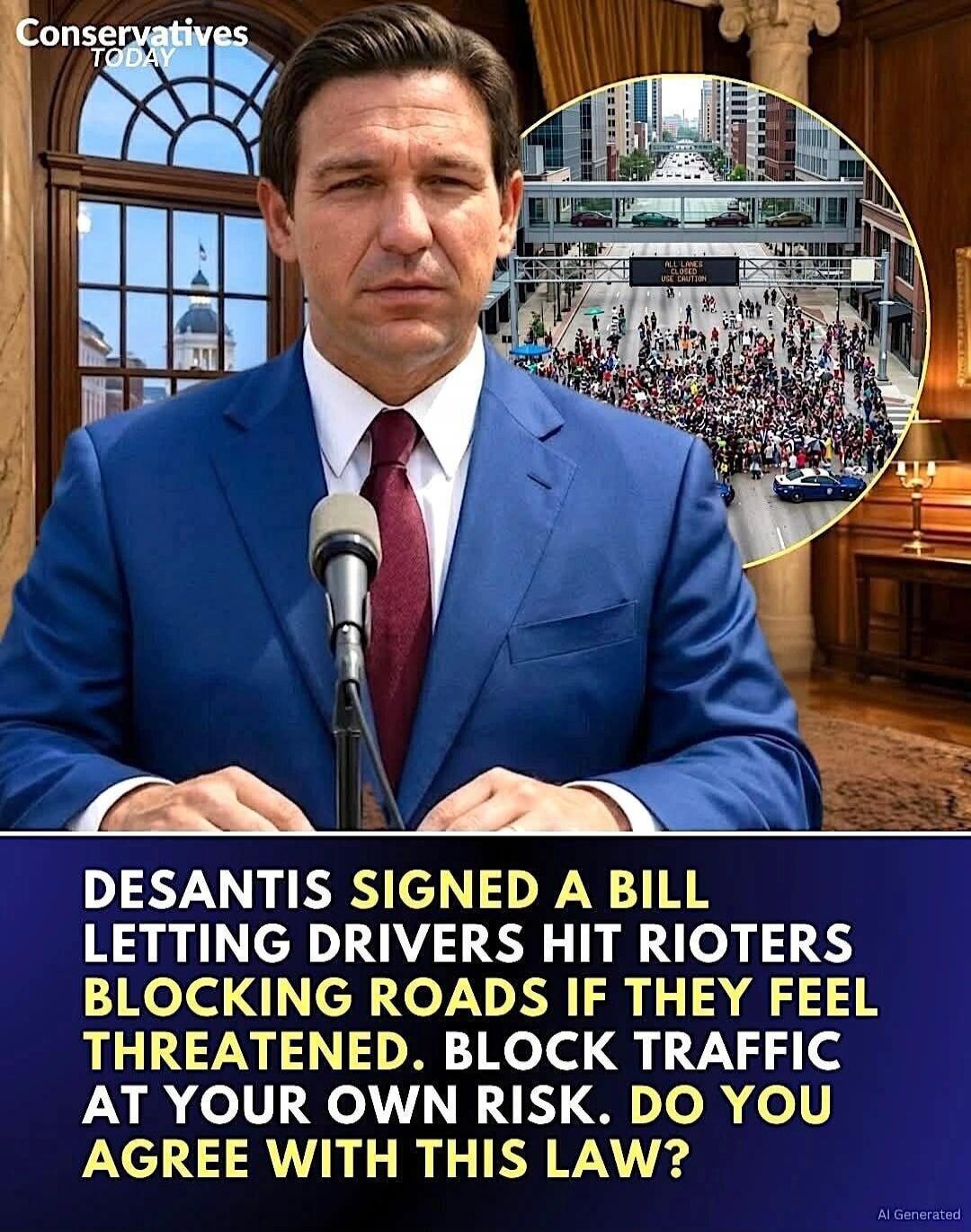 Conservatives TODAY. ALL LANES CLOSED USE CAUTION. DESANTIS SIGNED A BILL LETTING DRIVERS HIT RIOTERS BLOCKING ROADS IF THEY FEEL THREATENED. BLOCK TRAFFIC AT YOUR OWN RISK. DO YOU AGREE WITH THIS LAW?