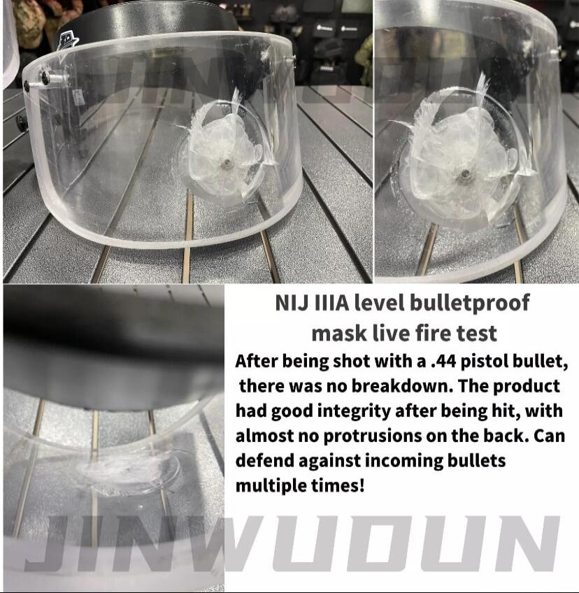 NUJ 1IA level bulletproof mask live fire test After being shot with a 44 pistol bullet there was no breakdown The product had good integrity after being hit with almost no protrusions on the back Can defend against incoming bullets multiple times