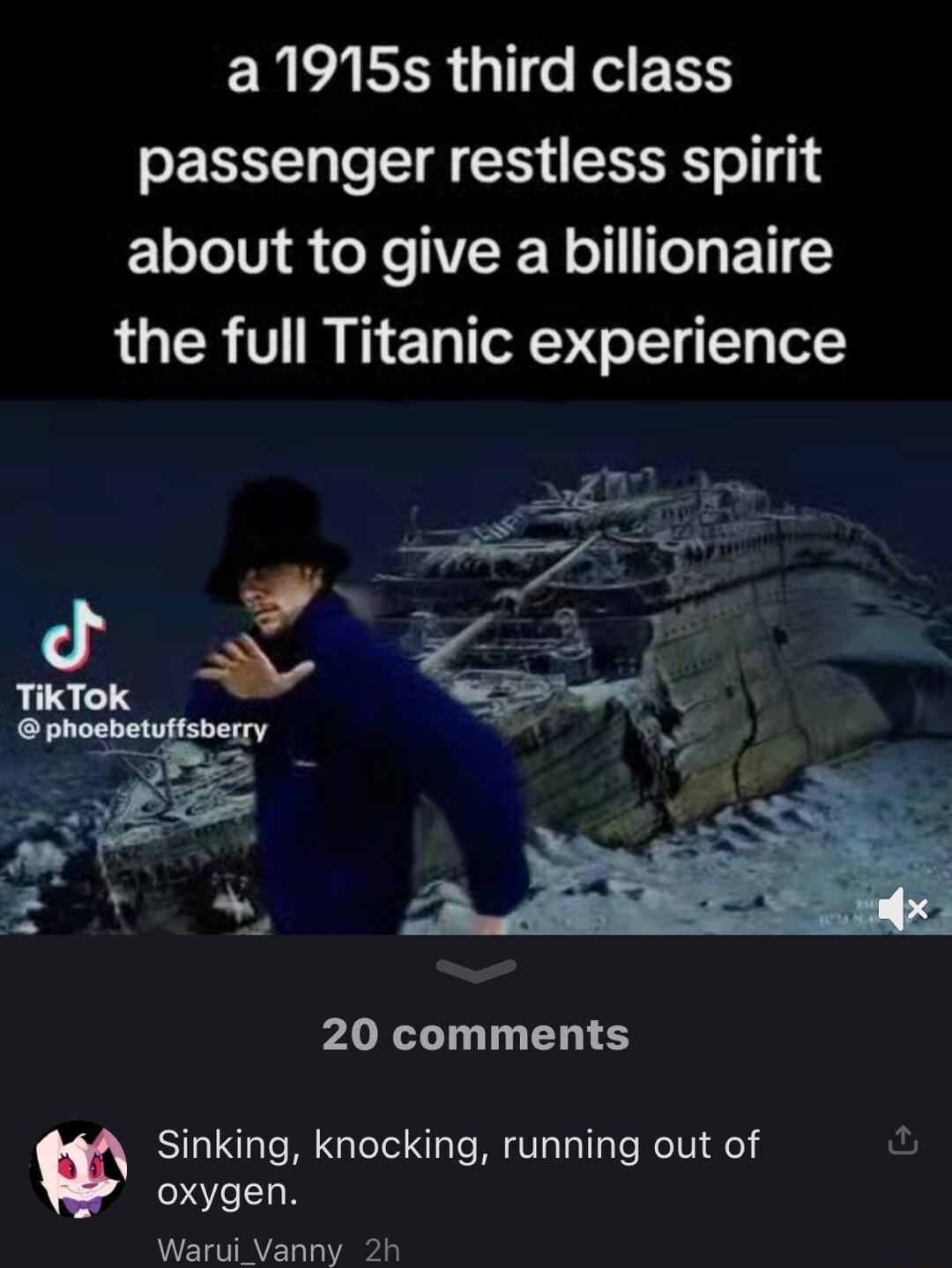 ENPARTR e Ko E E passenger restless spirit about to give a billionaire the full Titanic experience 20 comments Sinking knocking running out of oxygen Warui Vanny 2h