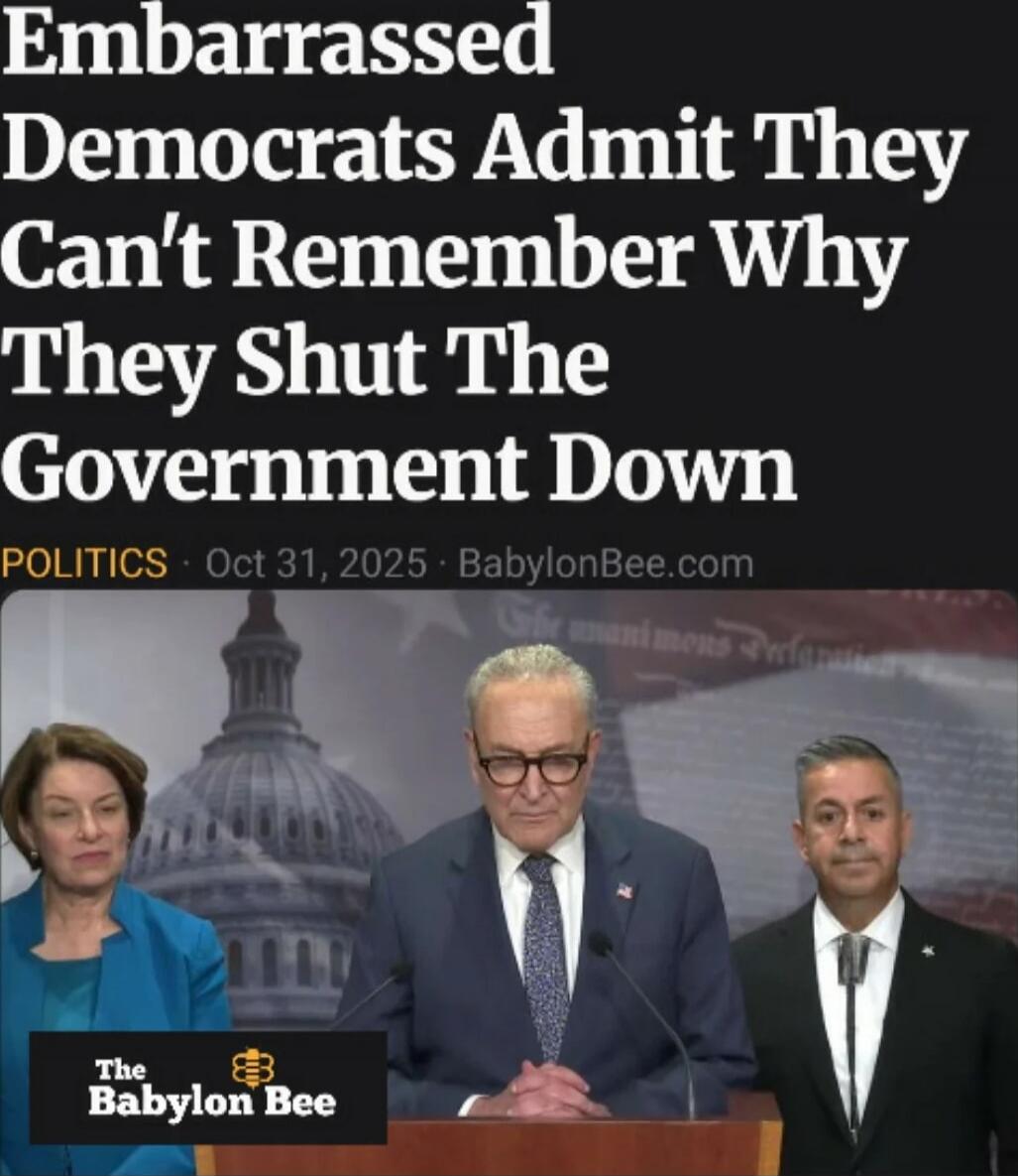 Embarrassed Democrats Admit They Can't Remember Why They Shut The Government Down
POLITICS · Oct 31, 2025 · BabylonBee.com
The Babylon Bee