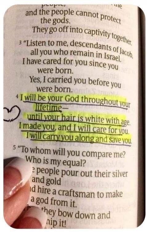 Listen to me, descendants of Jacob, all you who remain in Israel. I have cared for you since you were born. Yes, I carried you before you were born. I will be your God throughout your lifetime - until your hair is white with age. I made you, and I will care for you. I will carry you along and save you. To whom will you compare me? Who is my equal?