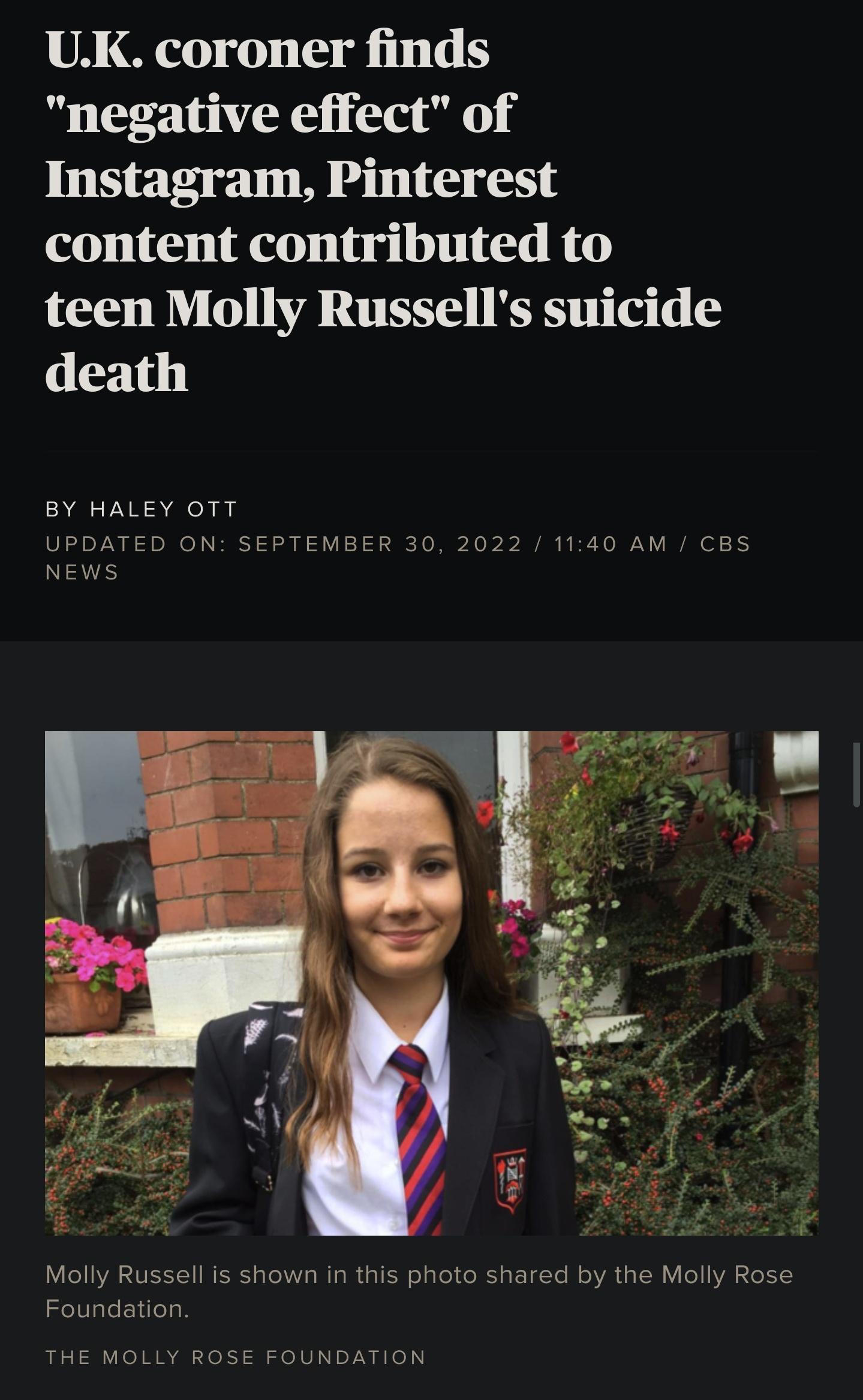 UK coroner finds negative effect of Instagram Pinterest content contributed to teen Molly Russells suicide death BY HALEY OTT