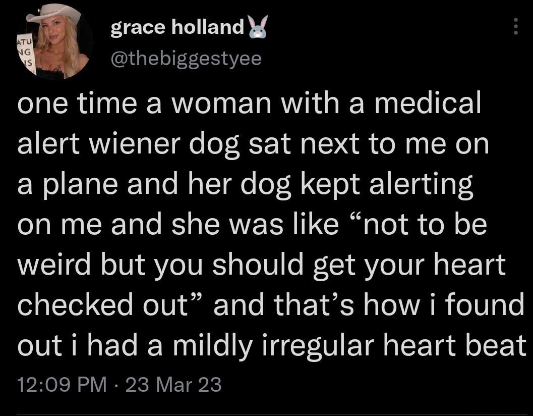 grace holland thebiggestyee one time a woman with a medical alert wiener dog sat next to me on a plane and her dog kept alerting T N N CRETa o B o RV LR R aTel d o o weird but you should get your heart EIel Cle e Vs TaTe R N s Tl B eTV e out i had a mildly irregular heart beat 1209 PM 23 Mar 23