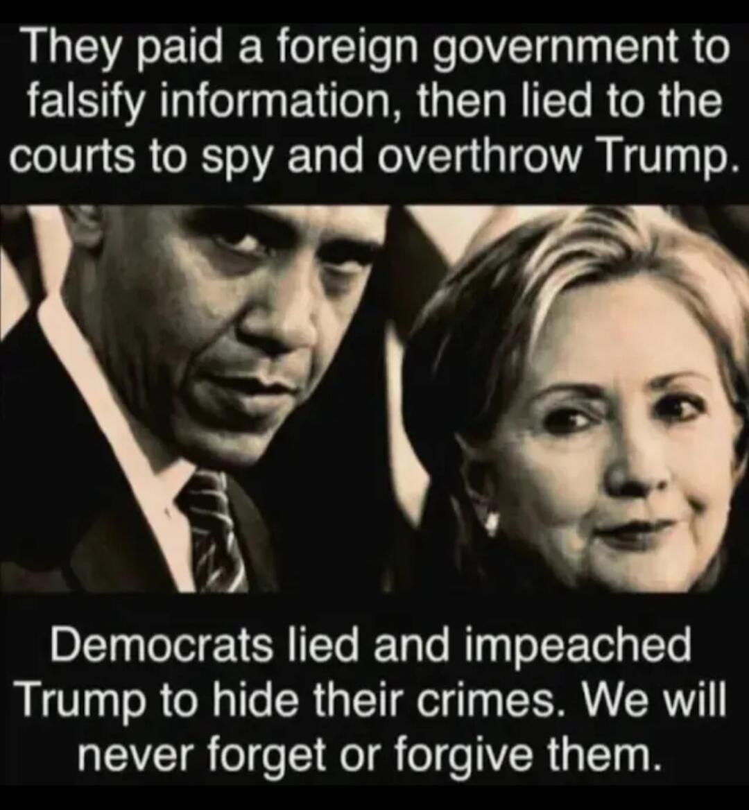 They paid a foreign government to falsify information, then lied to the courts to spy and overthrow Trump. Democrats lied and impeached Trump to hide their crimes. We will never forget or forgive them.