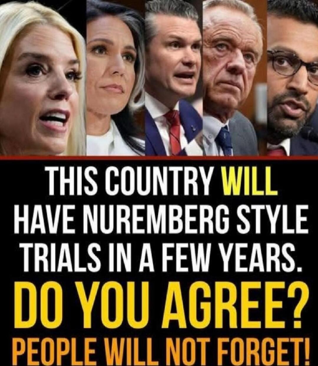 THIS COUNTRY WILL HAVE NUMERBERG STYLE TRIALS IN A FEW YEARS. DO YOU AGREE? PEOPLE WILL NOT FORGET!