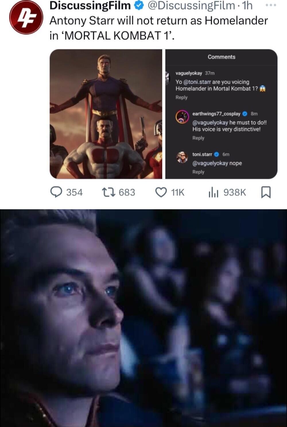 DiscussingFilm D singFilm 1h Antony Starr will not return as Homelander in MORTAL KOMBAT 1