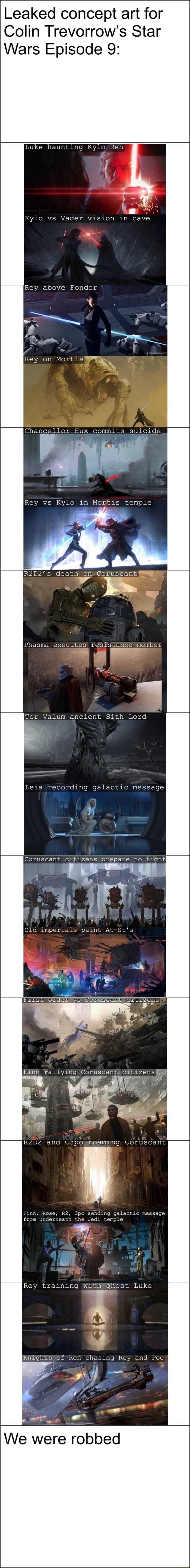 Leaked concept art for Colin Trevorrows Star Wars Episode 9 Luke haunting K Kylo vs Vader vision in cave W A J Rey above Fondor 1 L4 Do Rey on Morti sw Rey vs Kylo in Morfis temple R2D2 s deathioH Coruscant Y Leia recording galactic message KZDz ana Cspogmeaming Coruscant Ro Rey training withwohost Luke A hd y KriGHESH0E Ref Chasing Rey and Poe We wee robbed