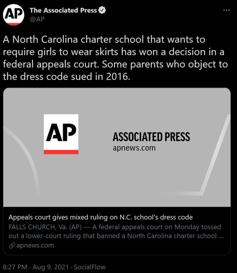 The Associated Press Y AN fe g i N ET el g el o Ty g elgToTe R EYAVET g1 o require girls to wear skirts has won a decision in a L ST o oSE ol 1V g MR eT o TN e ETLTo 1 AV sToNe o Yol o La TS YN eloTe RSIUTYe BT WelO N IR AP ASSOCIATED PRESS apnewscom PaVe oLE Vs e T 4y TCTe W V T To Moo W Yl ToTe e R R oloTe FALLS CHURCH Va AP A federal appeals court on M k onday tossed el Rle o1 lglTe I N el g s 