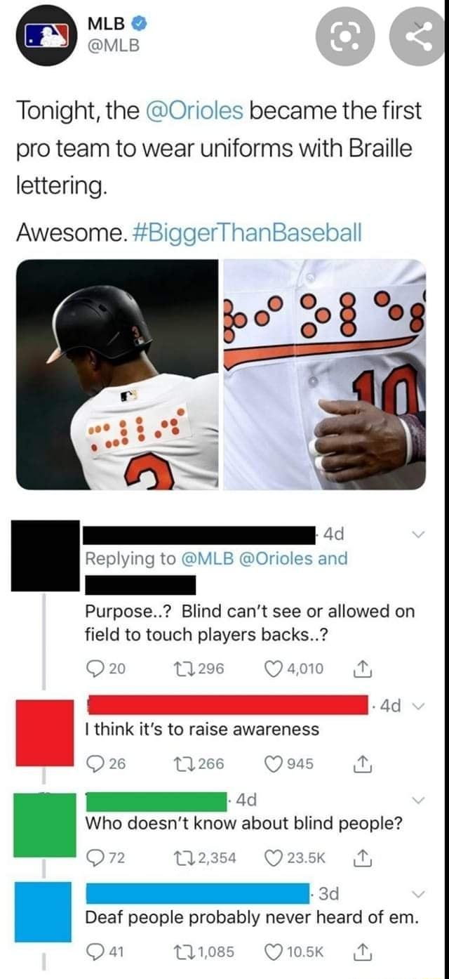 m MLB MLB Tonight the Orioles became the first pro team to wear uniforms with Braille lettering Awesome BiggerThanBaseball 4d Replying to MLB Orioles and Purpose Blind cant see or allowed on field to touch players backs O 20 17 29 4010 0 20 L1296 401 iy think its to raise awareness Q2 M2 Qoas N I Who doesnt know about blind people N2 Q2sk I 3 Deaf people probably never heard of em Ox ness Qiosk N