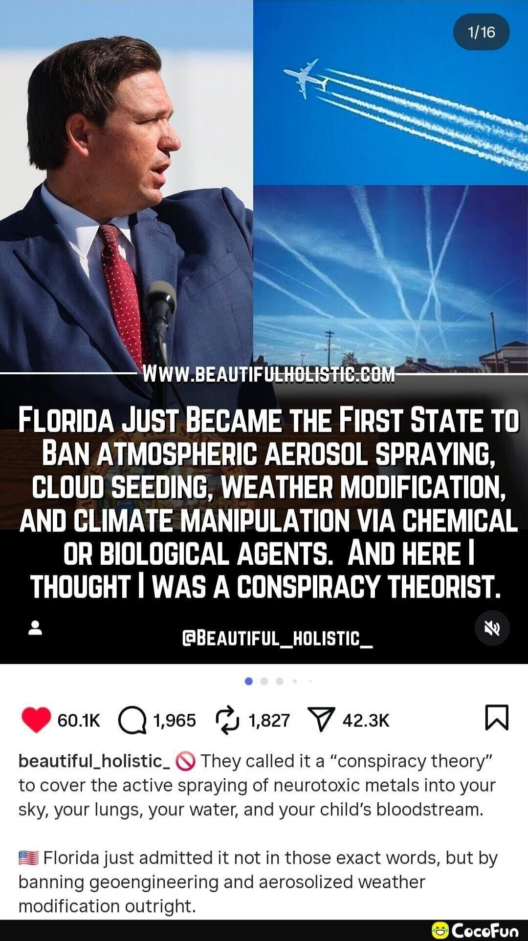 Florida Just Became the First State to Ban Atmospheric Aerosol Spraying, Cloud Seeding, Weather Modification, and Climate Manipulation Via Chemical or Biological Agents. And here I thought I was a conspiracy theorist. 

They called it a “conspiracy theory” to cover the active spraying of neurotoxic metals into your sky, your lungs, your water, and 