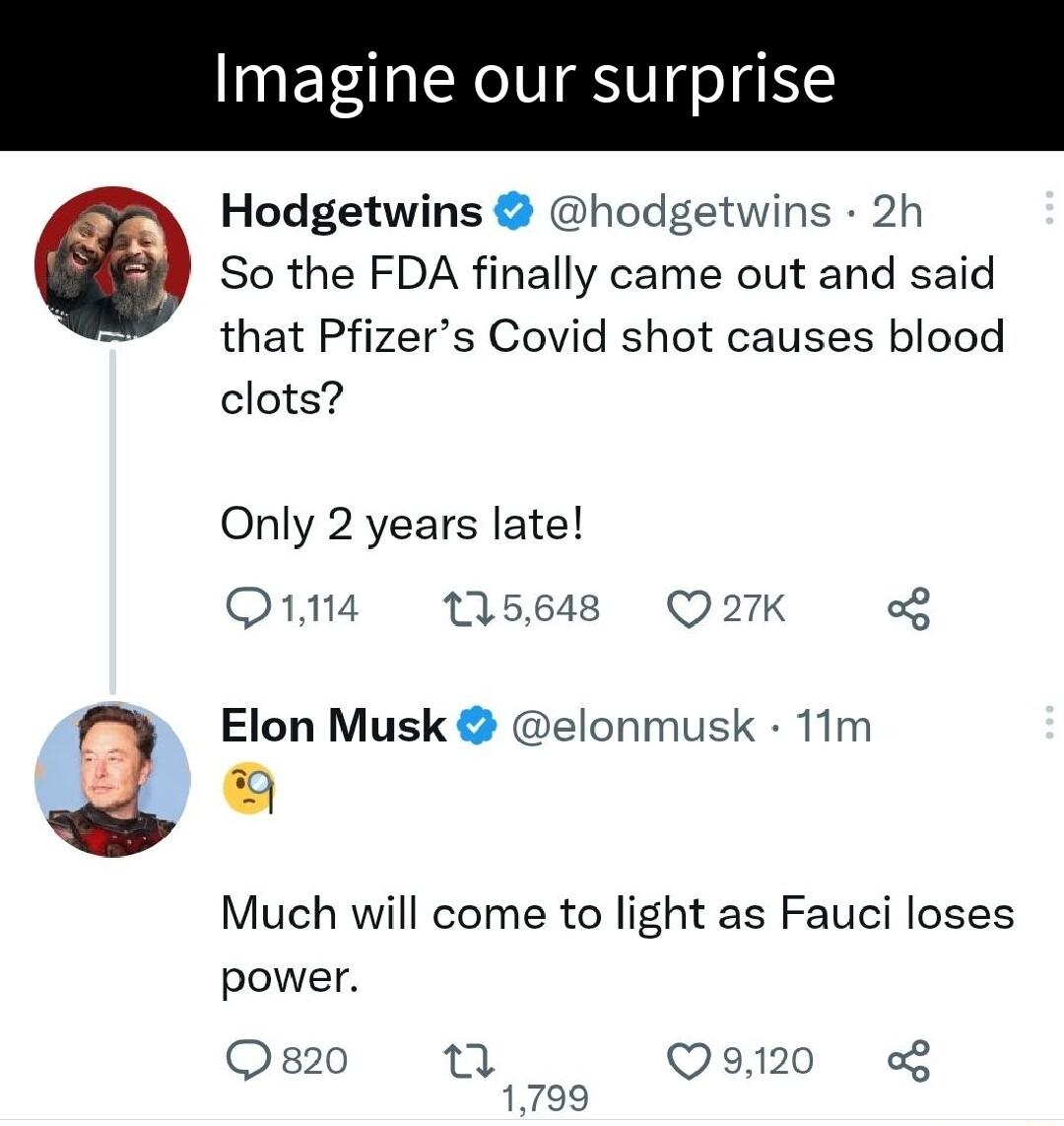 Imagine our surprise Hodgetwins hodgetwins 2h G So the FDA finally came out and said that Pfizers Covid shot causes blood clots Only 2 years late Q114 15648 Q27K o 3 Elon Musk elonmusk 11m L Much will come to light as Fauci loses power O 820 jat Qo120 of 1799