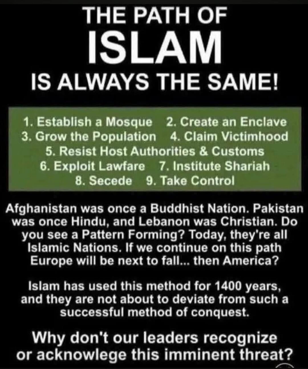 THE PATH OF ISLAM IS ALWAYS THE SAME! 1. Establish a Mosque 2. Create an Enclave 3. Grow the Population 4. Claim Victimhood 5. Resist Host Authorities & Customs 6. Exploit Lawfare 7. Institute Shariah 8. Secede 9. Take Control Afghanistan was once a Buddhist Nation. Pakistan was once Hindu, and Lebanon was Christian. Do you see a Pattern Forming? T