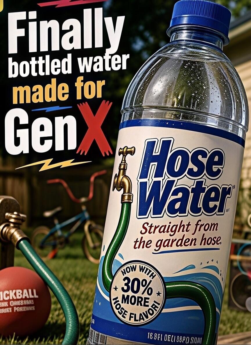 Finally bottled water made for Gen X. Hose Water. Straight from the garden hose. Now with 30% more hose flavor! Kickball.