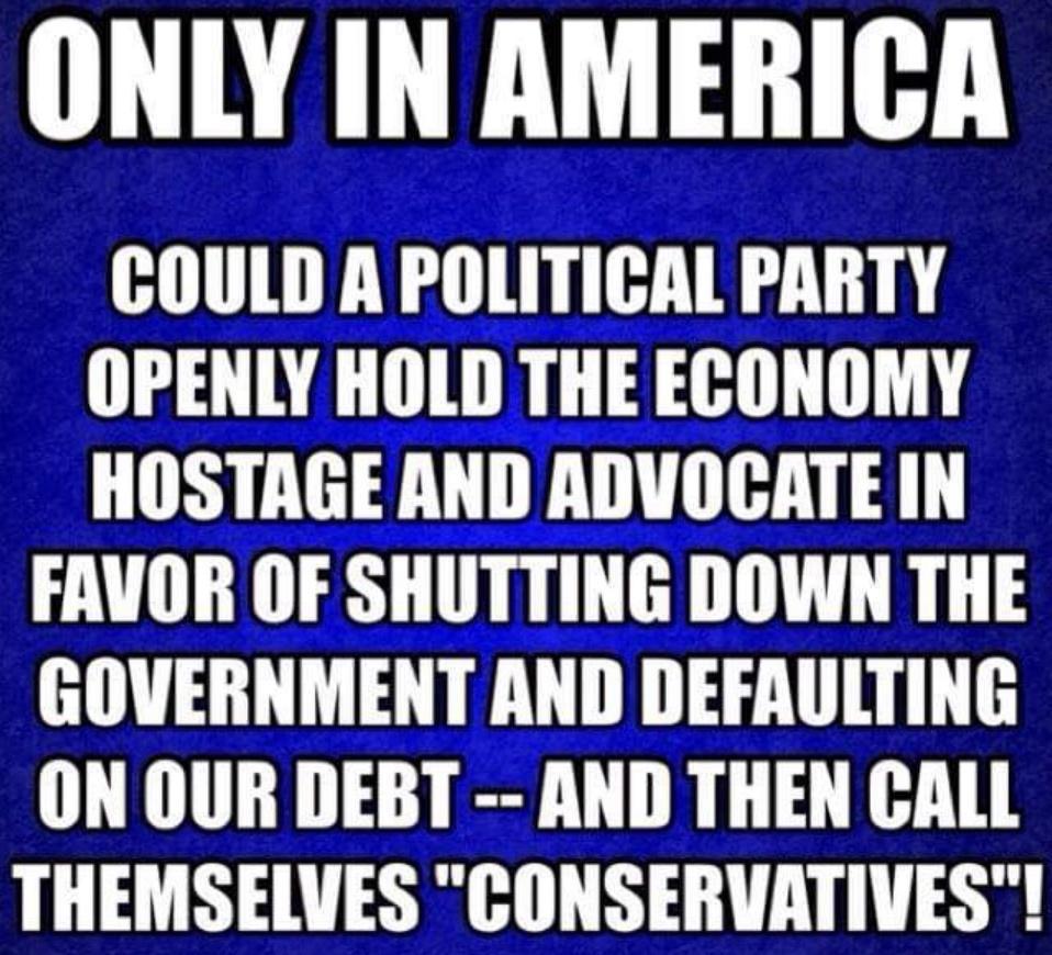 ONLY IN AMERICA COULD A POLITICAL PARTY OPENLY HOLD THE ECONOMY HOSTAGE AND ADVOCATE IN FAVOR OF SHUTTING DOWN THE GOVERNMENT AND DEFAULTING ON OUR DEBT AND THEN CALL THEMSELVES CONSERVATIVES