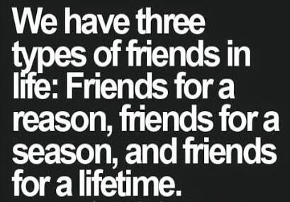 We have three types of friends in life: Friends for a reason, friends for a season, and friends for a lifetime.
