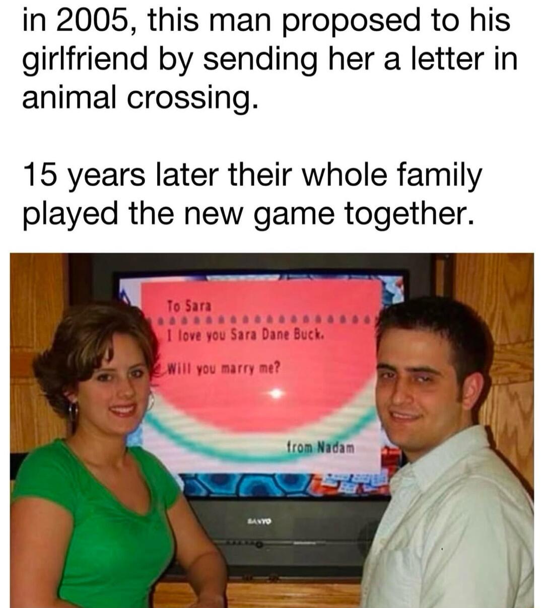 in 2005 this man proposed to his girlfriend by sending her a letter in animal crossing 15 years later their whole family played the new game together