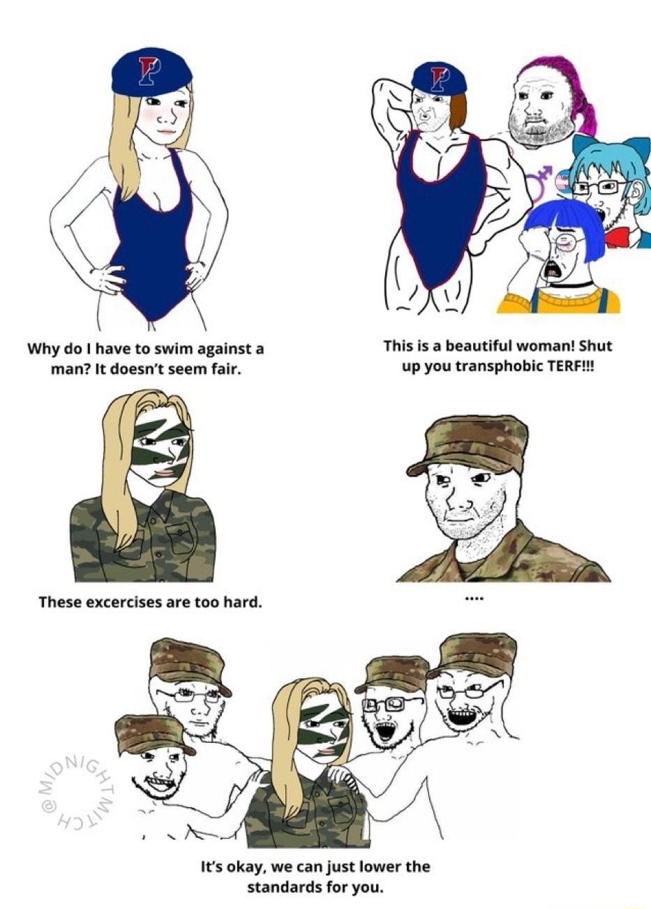 Why do have to swim against a Thisis a beautiful woman Shut man It doesnt seem fair up you transphobic TERFI These excercises are too hard 1 okay we can just lower the standards for you