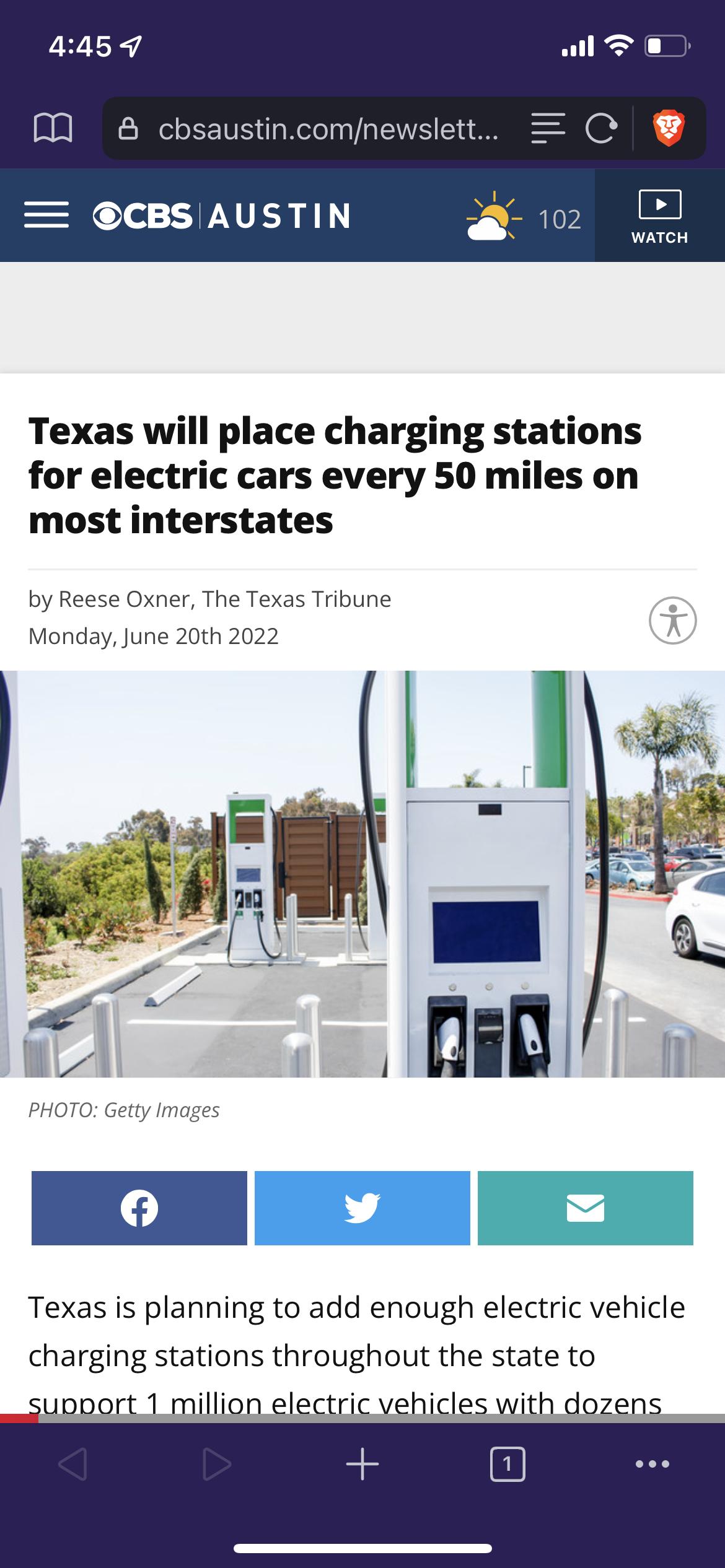 4459 M cbsaustincomnewslett 0l N TER L Texas will place charging stations for electric cars every 50 miles on most interstates by Reese Oxner The Texas Tribune Monday june 20th 2022 Texas is planning to add enough electric vehicle charging stations throughout the state to upport 1 million electric vehicles with dozens