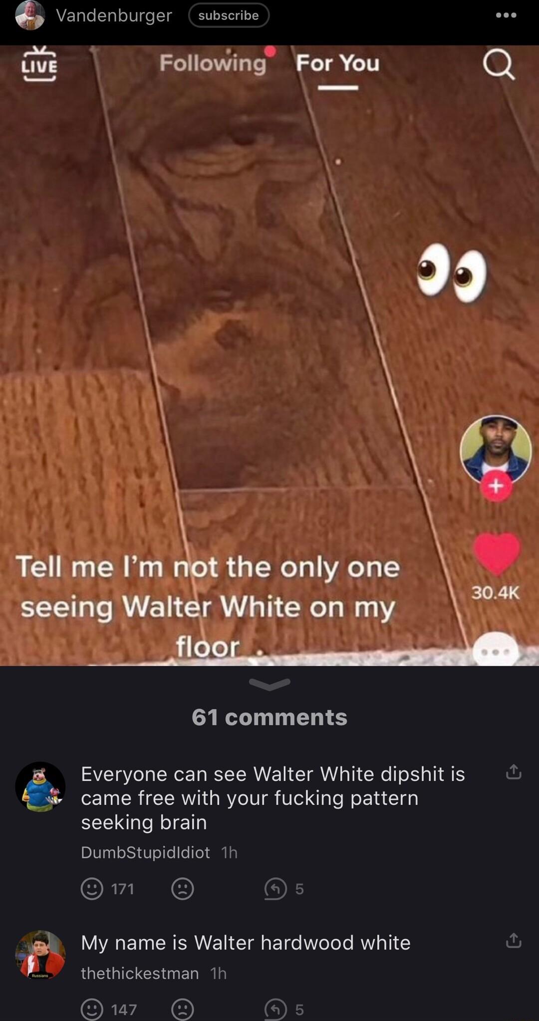 _vi Following For You e 61comments Everyone can see Walter White dipshit is came free with your fucking pattern seeking brain DumbsStupididiot 1 My name is Walter hardwood white thethickestman o