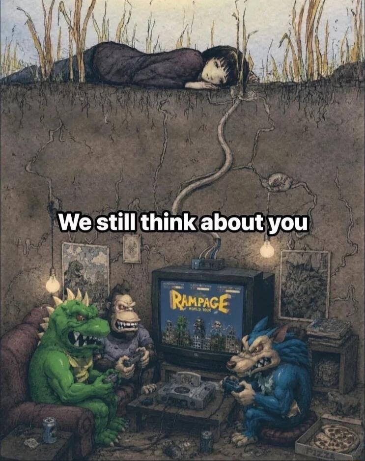We still think about you. An illustration depicting a melancholic person lying on the ground above, while three monster characters (a green dinosaur, a gorilla, and a blue wolf-like creature) are playing the video game 'Rampage World Tour' on a Nintendo 64 console in an underground room.