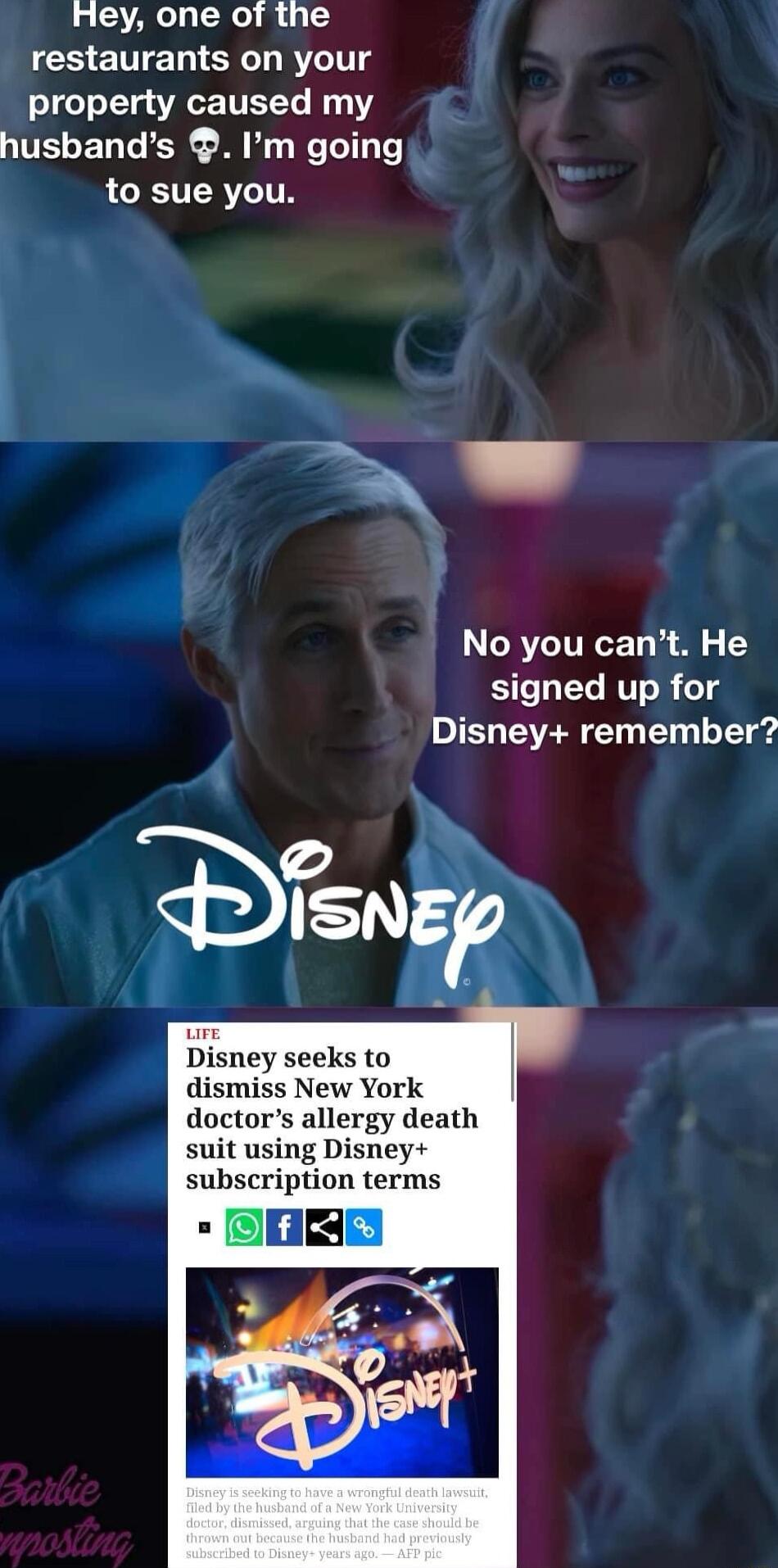 Hey one of the restaurants on your property caused my husbands Im going to sue you No you cant He signed up for Disney remember dismiss New York doctors allergy death suit using Disney Disney seeks to subscription terms