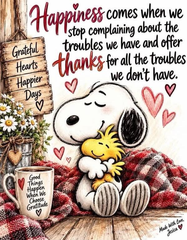Happiness comes when we stop complaining about the troubles we have and offer thanks for all the troubles we don't have. Grateful Hearts Happier Days. Good Things Happen When We Choose Gratitude. Made With Love, Jesica.