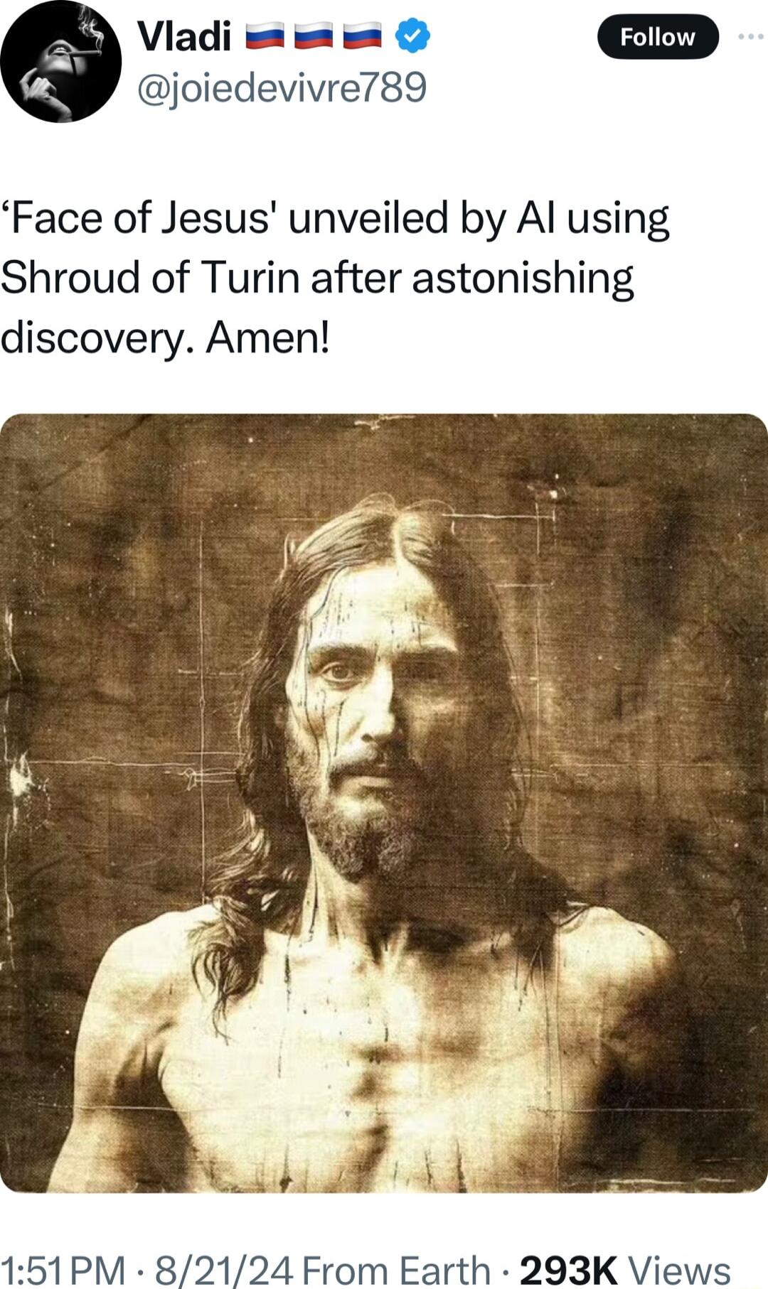 Viadi e e joiedevivre789 Face of Jesus unveiled by Al using Shroud of Turin after astonishing discovery Amen
