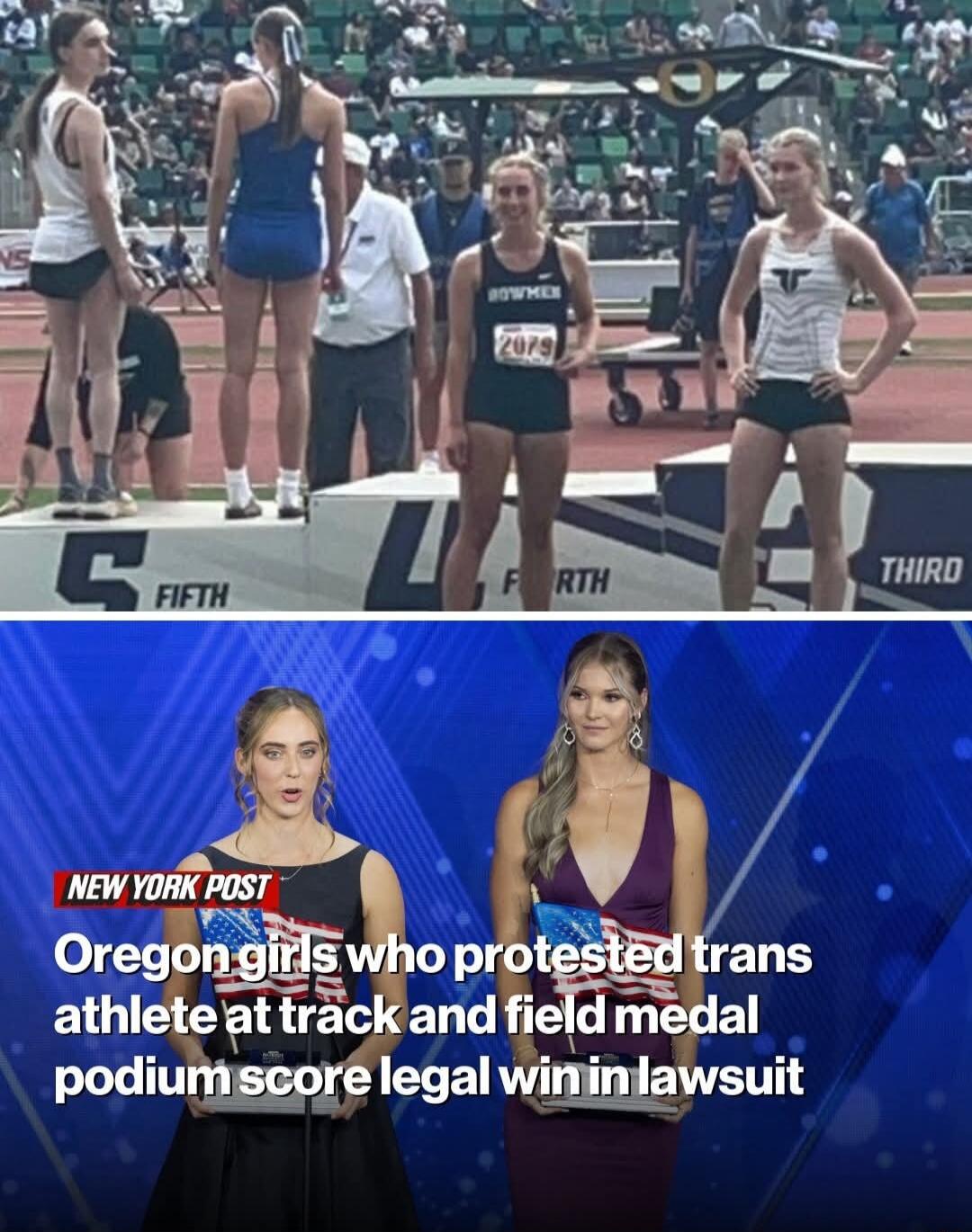 Top image: athletes on a track and field podium with markings reading Fifth, Fourth, Third. Bottom image: New York Post headline reads: 