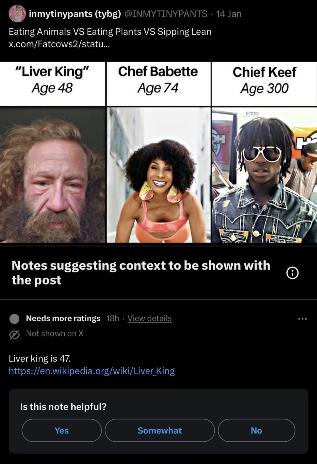 Eating Animals VS Eating Plants VS Sipping Lean

Liver King Age 48 | Chef Babette Age 74 | Chief Keef Age 300

[three images: Liver King looking rugged, Chef Babette smiling, Chief Keef wearing sunglasses]

Notes suggesting context to be shown with the post

Needs more ratings 18h · View details
Not shown on X
Liver king is 47.
https://en.wikipedia