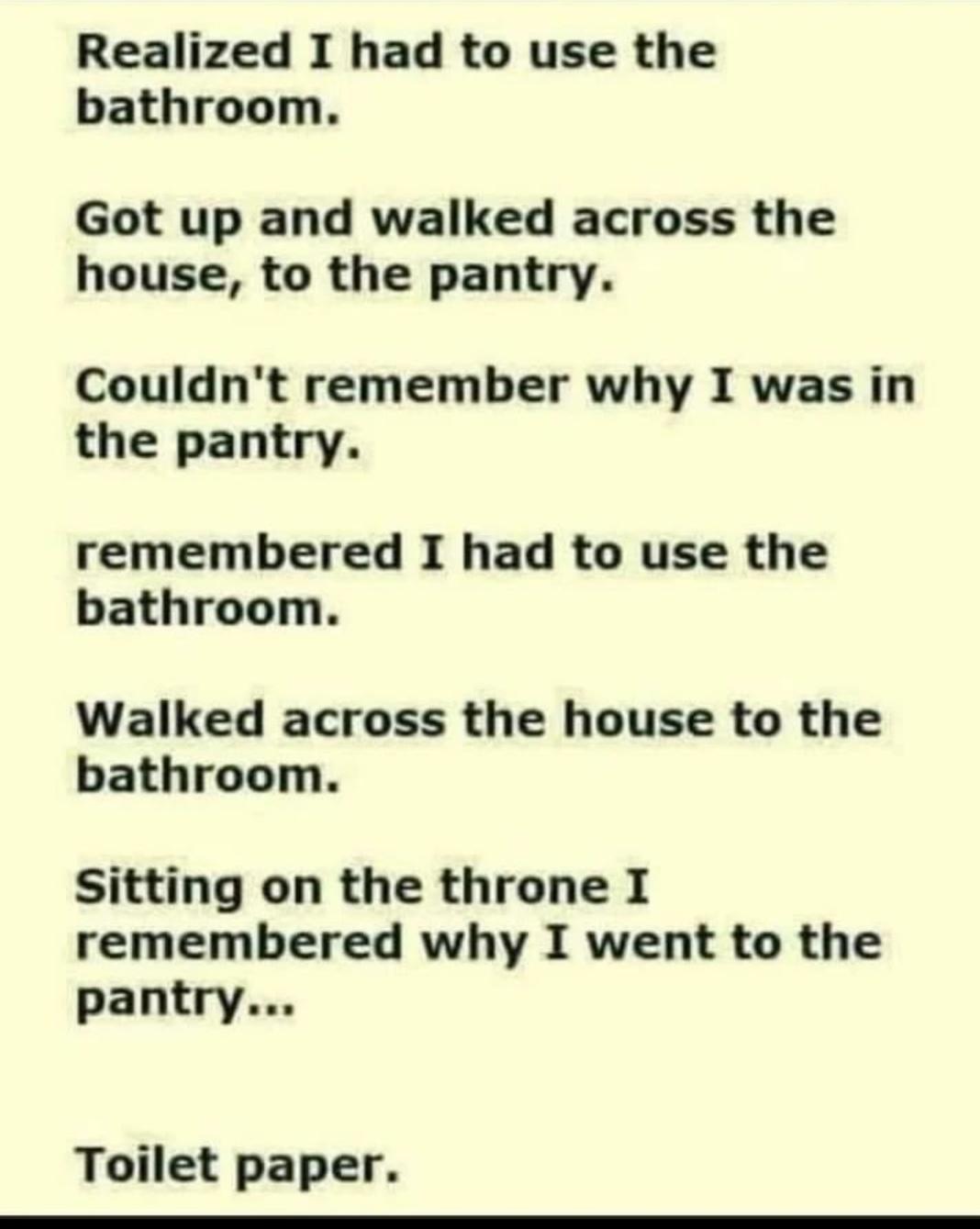 Realized I had to use the bathroom Got up and walked across the house to the pantry Couldnt remember why I was in the pantry remembered I had to use the bathroom Walked across the house to the bathroom Sitting on the throne I remembered why I went to the pantry Toilet paper