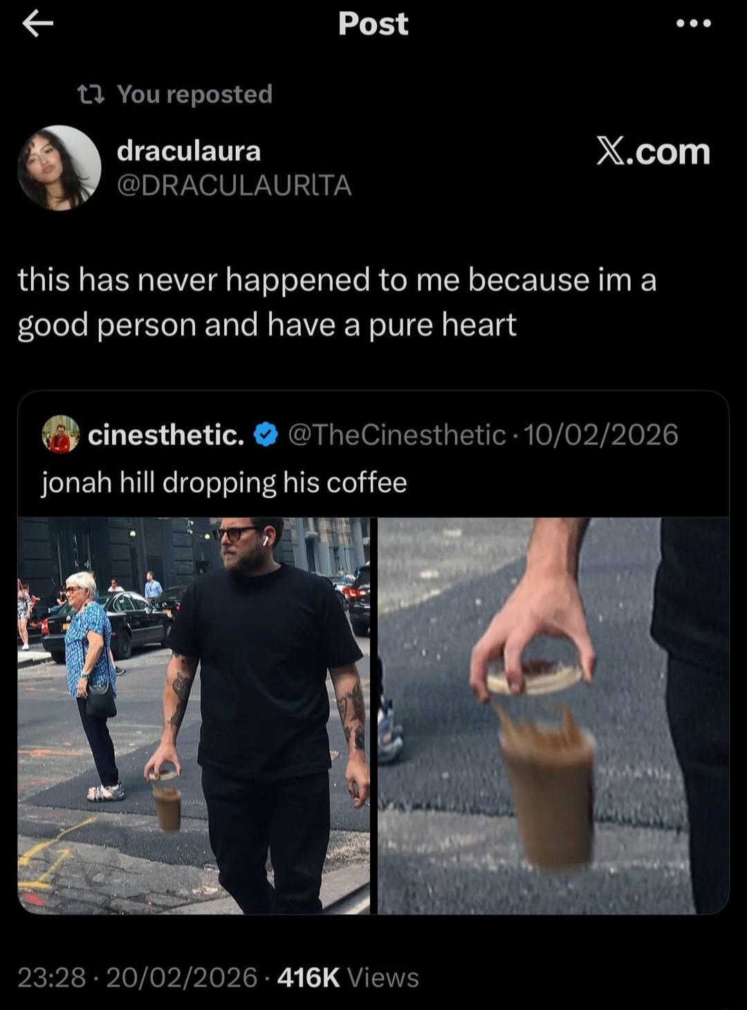 this has never happened to me because im a good person and have a pure heart jonah hill dropping his coffee