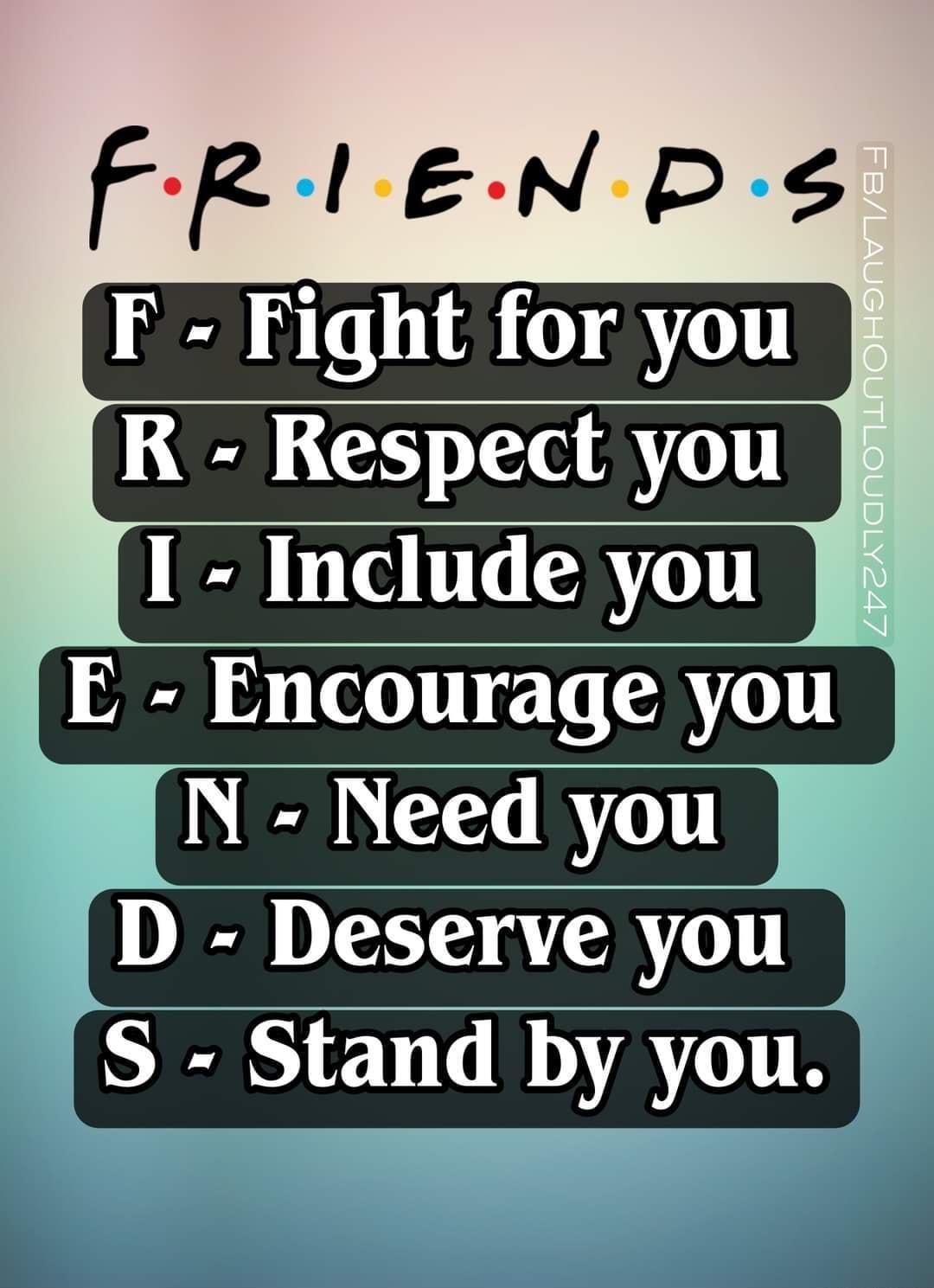 FRIENPS F Fight for you R Respect you I Include you E Encourage you B N Need you D Deserve you S Stand by you