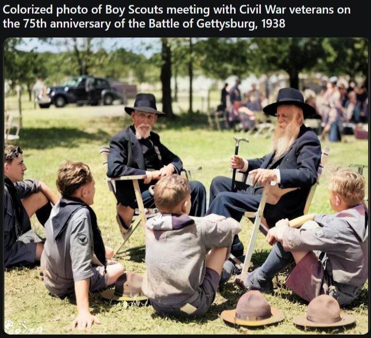 Colorized photo of Boy Scouts meeting with Civil War veterans on the 75th anniversary of the Battle of Gettysburg 1938 wE