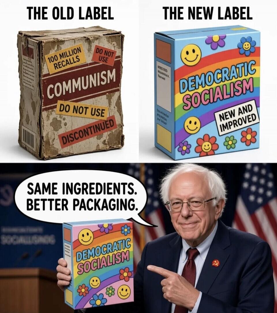 THE OLD LABEL 100 MILLION RECALLS COMMUNISM DO NOT USE DISCONTINUED THE NEW LABEL DEMOCRATIC SOCIALISM NEW AND IMPROVED SAME INGREDIENTS. BETTER PACKAGING.
