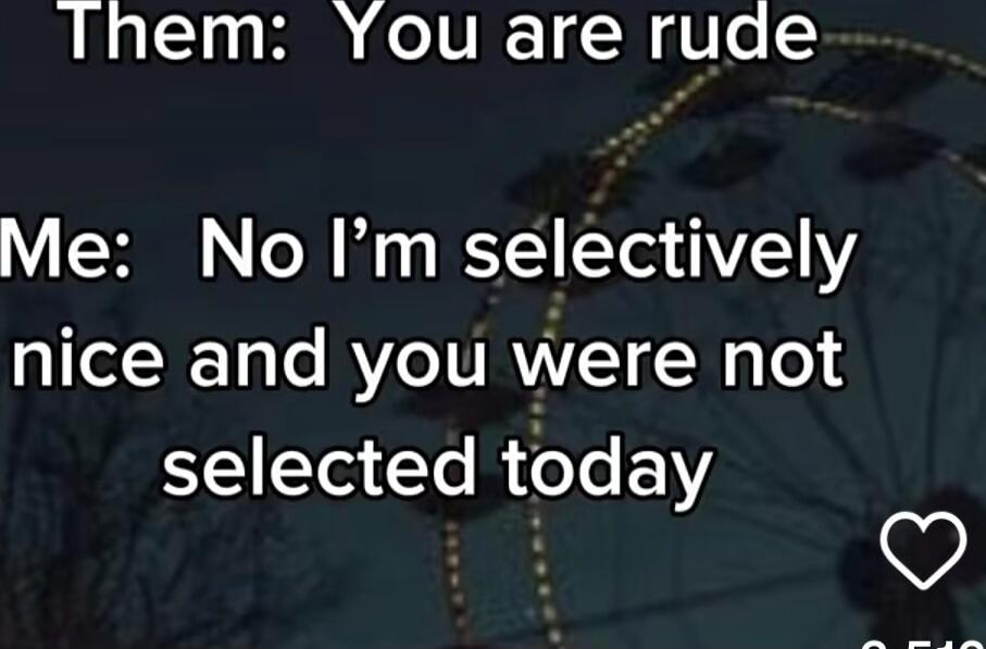 Them: You are rude
Me: No I’m selectively nice and you were not selected today