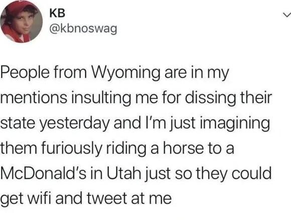 KB kbnoswag People from Wyoming are in my mentions insulting me for dissing their state yesterday and Im just imagining them furiously riding a horse to a McDonalds in Utah just so they could get wifi and tweet at me 1217 PM 11119 Twitter for iPhone 7000 Retweets 989K Likes