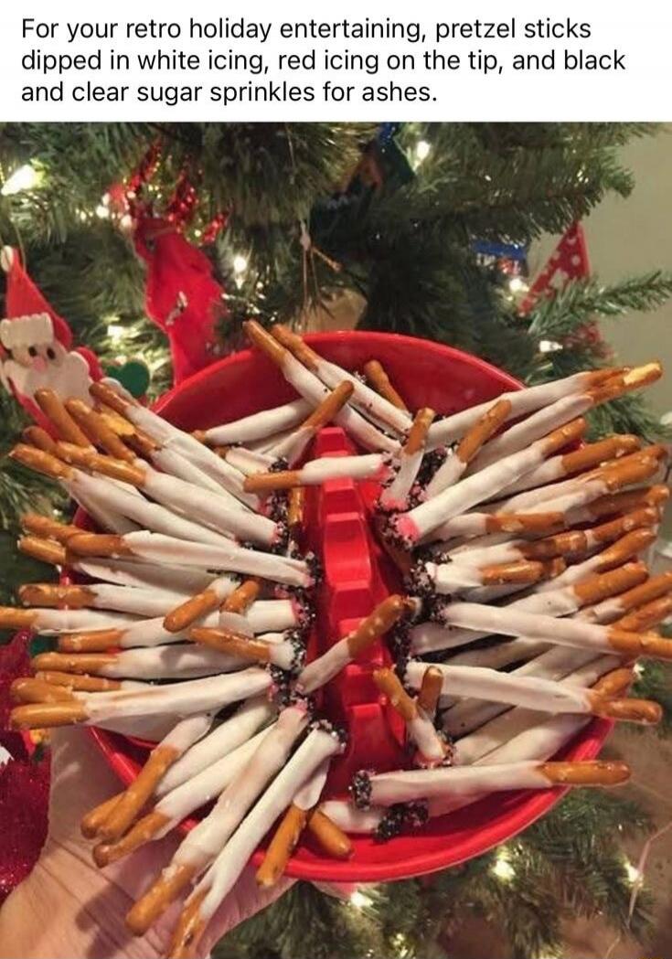 For your retro holiday entertaining, pretzel sticks dipped in white icing, red icing on the tip, and black and clear sugar sprinkles for ashes.
