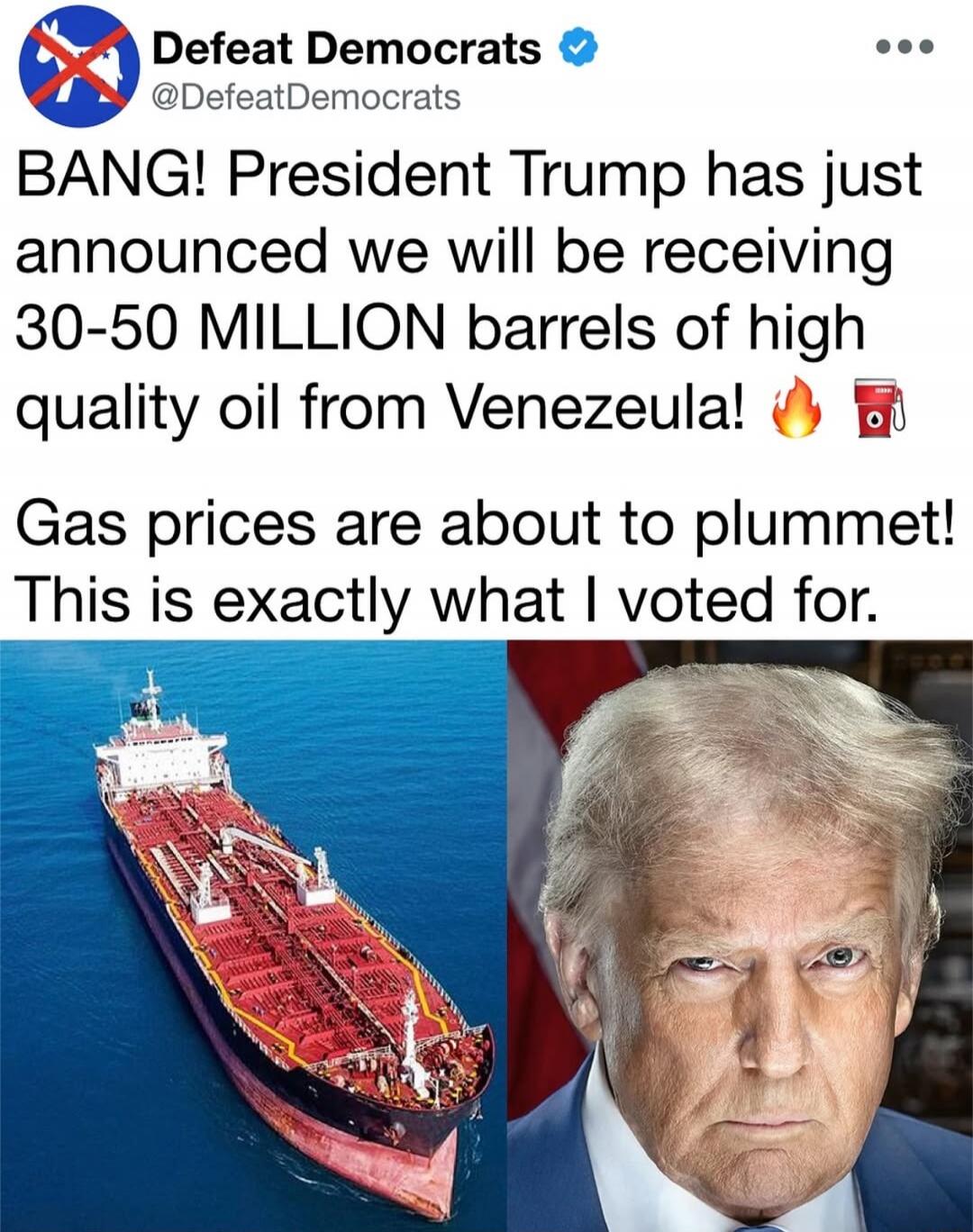 BANG! President Trump has just announced we will be receiving 30-50 MILLION barrels of high quality oil from Venezuela! 🔥 🚢 Gas prices are about to plummet! This is exactly what I voted for.